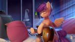  2019 discordthege equid equine eyes_closed feathered_wings feathers female feral friendship_is_magic guitar hair inside mammal musical_instrument my_little_pony pillow plucked_string_instrument pterippus scootaloo_(mlp) solo string_instrument wings 