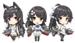  3girls :d :o animal_ear_fluff animal_ears atago_(azur_lane) azur_lane black_footwear black_hair black_legwear blue_bow blush bow breasts brown_eyes chibi choukai_(azur_lane) closed_mouth commentary_request hair_bow hair_ornament high_ponytail holding holding_plate holding_sheath holding_sword holding_weapon jacket katana large_breasts long_hair machinery multiple_girls open_mouth pantyhose parted_lips plate pleated_skirt ponytail sheath sheathed shoes simple_background skirt smile sword takao_(azur_lane) takayaki thighhighs very_long_hair weapon white_background white_bow white_footwear white_jacket white_skirt 