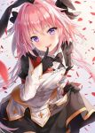 1boy astolfo_(fate) astolfo_(saber)_(fate) bangs black_bow black_dress black_gloves black_neckwear black_ribbon blush bow bowtie buttons dress fang fate/grand_order fate_(series) gloves hair_between_eyes hair_bow hair_intakes hair_ribbon highres hitsukuya index_finger_raised juliet_sleeves layered_skirt long_hair long_sleeves looking_at_viewer low_twintails multicolored_hair open_mouth otoko_no_ko petals pink_hair puffy_sleeves purple_eyes ribbon skirt smile solo streaked_hair twintails white_hair white_skirt wide_sleeves wing_collar 