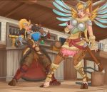  2019 animal_humanoid armor bar big_breasts blizzard_entertainment blonde_hair blue_eyes bodily_fluids bottle bovid bovid_humanoid bovine bovine_humanoid breast_expansion breasts brigitte_(overwatch) brown_nipples catchabird cattle_humanoid chair clothing detailed_background duo female forced furniture hair hand_on_breast hooves humanoid inside lactating mammal mammal_humanoid melee_weapon mercy_(overwatch) milk nipples overwatch pink_nipples shocked standing swiss_flag sword table teats torn_clothing transformation udders video_games weapon 