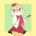  1:1 2019 anthro blue_eyes blush bottomwear bow cellphone chipmunk clarice_(disney) clothed clothing disney female fur ground_squirrel holding_object jacket low_res mammal phone pleated_skirt red_nose rodent sciurid shirt simple_background skirt smartphone smile tan_body tan_fur topwear 