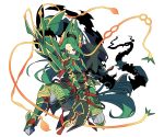  androgynous armor dual_wielding facial_mark fighting_stance forehead_mark full_body gold_trim greaves green_hair holding holding_weapon long_hair mega_rayquaza personification pokemon ponytail rayquaza red_eyes simple_background smile standing very_long_hair weapon white_background zazaki 