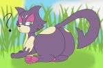  2019 3_fingers 4_toes ? absurd_res ambiguous_gender big_butt butt cloud confusion digital_media_(artwork) felid feral fingers fur grass green_eyes hi_res huge_butt looking_at_viewer mammal multicolored_body multicolored_fur nintendo nude outside pawpads paws pink_pawpads pok&eacute;mon pok&eacute;mon_(species) purrloin radiation. solo sun toes two_tone_body two_tone_fur video_games 