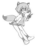  anthro basketball_shorts bottomwear brand_new_animal canid canine clothed clothing eyebrows female footwear gesture jacket leaning leaning_forward looking_at_viewer mammal michiru_kagemori monochrome raccoon_dog shirt shoes shorts simple_background smile solo tanuki topwear unknown_artist v_sign white_background 