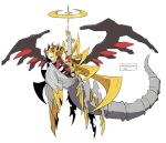  1boy arm_up blonde_hair covered_navel elbow_gloves full_body giratina gloves grey_gloves halo horns personification pointing pointing_up pokemon solo tail wings zazaki 