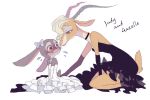  2016 antelope anthro blonde_hair blush bodily_fluids bovid clothed clothing disney dress duo eye_contact female fully_clothed fur gazelle gazelle_(zootopia) grey_body grey_fur hair horn judy_hopps ketsuusage2 kneeling lagomorph leporid looking_at_another mammal rabbit simple_background sweat sweatdrop tan_body wedding_dress white_background zootopia 