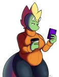  anthro beverage biped blonde_hair bottomwear breasts brown_eyes cellphone clothing coffee curvy_figure digitalpelican dragon female green_body green_scales hair horn jeans mohawk_(hairstyle) non-mammal_breasts pants phone sasha_(digitalpelican) scales scalie slightly_chubby smartphone solo sweater thick_tail thick_thighs topwear voluptuous wide_hips 