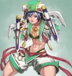  1girl abs bikini blue_hair breasts commentary_request dual_wielding fighting_stance green_bikini green_eyes hat highleg highleg_bikini highres hip_vent holding lips medium_hair midriff navel nose o-ring shinonome_(game_hakkutsu_tai) shorts small_breasts solo soulcalibur swimsuit talim toned tonfa vest weapon 