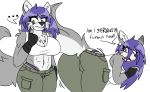  abs big_breasts big_butt breasts butt canid canine canis chest_tuft clothing darkwolfhybrid dialogue female gloves handwear invalid_tag mammal midriff muscular navel panties raised_tail tuft underwear wolf wolfie_(darkwolf) wolfpack_x 
