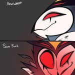  avian bird demon dialogue english_text feathers helluva_boss humor male multi_eye owl rape_face red_eyes simple_background smile solo stolas_(vivzmind) text 