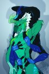  2019 absurd_res animal_genitalia anthro b4llistikb34n ballistik bodily_fluids cobra digital_media_(artwork) duo fish genital_fluids genital_slit green_body green_skin hi_res hybrid idoodle2draw looking_at_viewer male male/male marine mythological_basilisk mythology nude reptile scales scalie shark simple_background slit slit_play smile snake vasciel_aplisto 