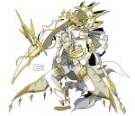  1boy arceus cape closed_eyes facing_viewer full_body gloves hand_up holding holding_weapon long_sleeves male_focus pants personification pokemon scythe solo weapon white_background white_cape white_footwear white_hair white_legwear white_pants yellow_gloves zazaki 