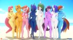  3d_(artwork) anthro applejack_(mlp) areola beach big_breasts breasts digital_media_(artwork) eqamrd equid equine female fluttershy_(mlp) friendship_is_magic hair horn horse lineup looking_at_viewer looking_back mammal my_little_pony nipples nude pinkie_pie_(mlp) pony princess_celestia_(mlp) princess_luna_(mlp) pterippus rainbow_dash_(mlp) rarity_(mlp) rear_view seaside side_boob sky summer twilight_sparkle_(mlp) unicorn wide_hips winged_unicorn wings 