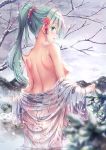  1girl aqua_eyes aqua_hair back bangs blush breasts censored cloud eyebrows_visible_through_hair floral_print flower from_behind hair_flower hair_ornament hair_up highres kantai_collection large_breasts long_hair mountain onsen open_mouth outdoors partially_submerged ponytail sky snow snowing solo suzuya_(kantai_collection) tree water yuriko 