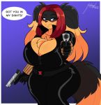  black_widow_(marvel) blush breasts canid canine canis cleavage clothed clothing cosplay dialogue domestic_dog female gun jwinkz mammal ranged_weapon solo weapon zoey_(jwinkz) 