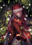  1girl bangs bow bowtie braid breasts brown_legwear bullet eyebrows_visible_through_hair fate/grand_order fate_(series) florence_nightingale_santa_(fate/grand_order) gloves gun hat high_heels highres holding holding_gun holding_weapon kyouya_(mukuro238) long_hair looking_at_viewer magazine_(weapon) pantyhose parted_lips pink_hair red_footwear santa_hat sitting solo weapon white_gloves 