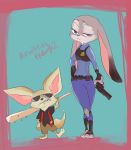  2016 anthro barefoot baseball_bat bat_(object) blue_background border bottomwear canid canine clothed clothing dipstick_ears disney duo ears_down fennec finnick fox fully_clothed fur grey_body grey_fur holding_gun holding_object holding_weapon judy_hopps ketsuusage2 lagomorph leporid looking_at_viewer mammal multicolored_ears pants pink_nose pivoted_ears police_uniform purple_eyes rabbit sharp_teeth shirt simple_background tan_body tan_fur teeth topwear uniform weapon zootopia 