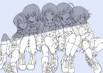  5girls ;) ahoge akiyama_yukari bangs blue_background blunt_bangs boots closed_eyes closed_mouth commentary eyebrows_visible_through_hair girls_und_panzer greyscale hairband holding_hands isuzu_hana jacket lineart long_hair long_sleeves looking_at_viewer messy_hair military military_uniform miniskirt mituki_(mitukiiro) monochrome multiple_girls nishizumi_miho one_eye_closed ooarai_military_uniform pleated_skirt reizei_mako shirt side-by-side sitting skirt sleeping smile socks takebe_saori thighhighs uniform zipper 