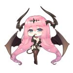  1girl absurdly_long_hair bangs black_legwear blue_eyes blush breasts chibi cleavage demon_girl demon_tail eyebrows_visible_through_hair hair_between_eyes large_breasts last_origin leotard long_hair looking_at_viewer mole mole_under_mouth nanomate3 pink_hair serapias_alice solo succubus tail thighhighs transparent_background very_long_hair wings 