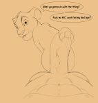  big_dom_small_sub big_penis butt cub disney english_text felid feral first_person_view humanoid_penis lion looking_at_viewer looking_back male mammal pantherine penis simba simple_background size_difference teasing text the_lion_king theoryofstrings vein veiny_penis young 