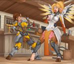  2019 animal_humanoid armor bar big_breasts blizzard_entertainment blonde_hair blue_eyes bodily_fluids bottle bovid bovid_humanoid bovine bovine_humanoid breast_expansion breasts brigitte_(overwatch) brown_hair brown_nipples catchabird cattle_humanoid chair clothing detailed_background duo female forced furniture hair hand_on_breast hooves humanoid inside lactating mammal mammal_humanoid mercy_(overwatch) milk nipples overwatch pink_nipples shocked standing swiss_flag table teats torn_clothing transformation udders video_games 