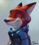  2019 anthro bust_portrait canid canine clothed clothing coat digital_media_(artwork) dipstick_ears disney fox fur green_eyes inner_ear_fluff light lighting looking_at_viewer mammal multicolored_ears nick_wilde orange_body orange_fur portrait red_fox s1m scarf simple_background smile solo topwear tuft white_body white_fur zootopia 