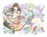  2girls absurdres animal_ears atelier_(series) atelier_shallie black_hair black_legwear broom dress fake_animal_ears fingerless_gloves flower gloves green_eyes green_hair grin hairband hands_together high_heels highres holding holding_bell holding_broom long_dress long_hair long_sleeves looking_at_viewer multiple_girls pantyhose parted_lips plaid plaid_skirt purple_eyes shallistera_(atelier) shallotte_elminus shoes short_hair skirt smile sneakers 