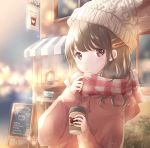  1girl :o arm_up bear blurry blurry_background brown_eyes brown_hair city_lights coat commentary cup depth_of_field disposable_cup hair_ornament hairclip highres holding holding_cup hoshiibara_mato knit_hat lantern light_particles long_sleeves looking_at_viewer medium_hair menu_board night original outdoors plaid plaid_scarf red_coat scarf sign solo standing upper_body white_headwear winter winter_clothes winter_coat 