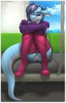  2019 absurd_res anthro anus blue_eyes blue_hair butt clothed clothing digital_media_(artwork) dragon female hair hi_res horn inside looking_at_viewer purple_eyes pussy sitting skipsy skipsy_dragon_(character) sky solo wingless_dragon 