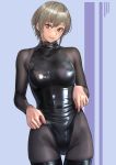  1girl bangs black_legwear blush bodysuit breasts brown_eyes eyebrows_visible_through_hair gimp_suit grey_hair highres kilye_4421 latex latex_bodysuit leotard looking_at_viewer medium_breasts original short_hair skin_tight smile solo thighhighs 