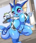  2019 3_toes anthro beverage big_breasts blue_body blue_skin blush bodily_fluids breasts curvy_figure digital_media_(artwork) eeveelution female food hi_res lao_cia milk navel nintendo open_mouth pok&eacute;mon pok&eacute;mon_(species) short_stack slightly_chubby solo sweat thick_thighs toes vaporeon video_games voluptuous 