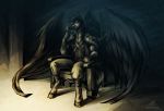  2019 5_fingers anthro black_body black_feathers black_hair chair clothed clothing detailed_background digital_media_(artwork) equid equine feathered_wings feathers fingers furniture hair hooves male mammal neotheta pterippus sitting solo wings 