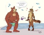  2019 anthro balls barnaby_kane blush clothing cooner dialogue domestic_ferret duo erection exhibitionism male male/male mammal mustela mustelid musteline penis public size_difference speech_bubble standing surprise swimming_pool text thong underwear undressing ursid wardrobe_malfunction 