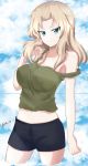  1girl aikir_(jml5160) armpits artist_name bare_shoulders black_shorts blonde_hair blue_eyes blush breasts cleavage closed_mouth cloud cloudy_sky collarbone covered_nipples eyebrows_visible_through_hair girls_und_panzer green_shirt highres kay_(girls_und_panzer) large_breasts long_hair looking_at_viewer midriff navel shiny shiny_hair shiny_skin shirt shorts sky solo standing 