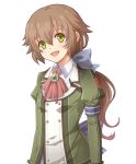  1girl :d absurdres aono_(aonocrotowa) armband bangs blue_bow bow brown_hair collared_shirt eiyuu_densetsu eyebrows_visible_through_hair green_eyes green_jacket hair_between_eyes hair_bow highres jacket long_hair long_sleeves looking_at_viewer open_mouth ponytail red_neckwear sen_no_kiseki shirt simple_background smile solo towa_herschel upper_body very_long_hair white_background white_shirt wing_collar 