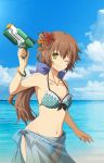  1girl ;) aono_(aonocrotowa) aqua_bikini bikini blue_bow blue_sky bow bracelet breasts brown_hair cleavage closed_mouth cloud collarbone cowboy_shot day eiyuu_densetsu eyebrows_visible_through_hair floating_hair flower frilled_bikini frills green_eyes groin gun hair_between_eyes hair_bow hibiscus highres holding holding_gun holding_weapon jewelry long_hair navel ocean one_eye_closed orange_hair outdoors polka_dot polka_dot_bikini red_hair sarong see-through sen_no_kiseki shiny shiny_hair sideboob sky small_breasts smile solo standing swimsuit towa_herschel very_long_hair water_gun weapon 