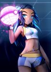  1girl bare_shoulders black_gloves blue_eyes blue_hair blue_shorts blush breasts closed_mouth commentary_request cowboy_shot dark_skin dynamax_ball ear_piercing earrings forehead gloves glowing gym_leader highres holding holding_poke_ball hoop_earrings jewelry long_hair looking_at_viewer midriff multicolored_hair navel partly_fingerless_gloves piercing poke_ball pokemon pokemon_(game) pokemon_swsh prophosphere purple_hair rurina_(pokemon) short_shorts shorts single_glove small_breasts solo two-tone_hair 