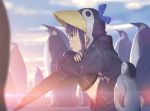  1girl animal_hood bird blue_eyes blue_sky cloud crossed_arms fate/grand_order fate_(series) hood knees_up long_sleeves looking_to_the_side meltryllis meltryllis_(swimsuit_lancer)_(fate) outdoors parka penguin penguin_hood prosthesis prosthetic_leg purple_hair sitting sky sunlight tshangen131 