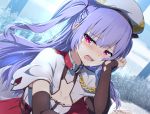  1girl ajax_(azur_lane) azur_lane bangs beret black_legwear blush bow breasts capelet cleavage crying crying_with_eyes_open detached_sleeves eyebrows_visible_through_hair gochou_(atemonai_heya) hat long_hair long_sleeves looking_at_viewer purple_hair rain red_eyes red_skirt retrofit_(azur_lane) sidelocks skirt small_breasts tears two_side_up white_headwear 