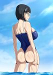  1girl absurdres aizimpjh ass ass_grab black_hair blue_sky blue_swimsuit blush bob_cut breasts day from_behind grabbing_own_ass green_eyes hair_ornament hairclip highres kirigaya_suguha large_breasts ocean one-piece_swimsuit outdoors school_swimsuit shiny shiny_hair shiny_skin short_hair sky solo standing swimsuit sword_art_online water wet 