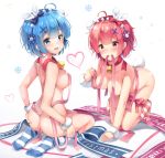  2girls absurdres ahoge all_fours ass bangs bare_legs bell between_buttocks blue_eyes blue_hair blue_legwear blue_ribbon blush bow breasts bunny_tail commentary_request eyebrows_visible_through_hair fang from_behind hair_bow hair_ornament hair_over_one_eye hair_ribbon hand_on_ass highres kneeling large_breasts looking_at_viewer maid_headdress merry_christmas multiple_girls nude open_mouth pedo0201 pink_bow pink_eyes pink_hair pink_ribbon purple_ribbon ram_(re:zero) re:zero_kara_hajimeru_isekai_seikatsu rem_(re:zero) ribbon short_hair simple_background skin_fang smile socks solo striped striped_legwear tail topless white_background white_legwear x_hair_ornament 