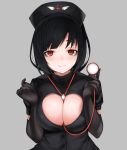  1girl between_breasts black_background black_gloves black_hair black_headwear blush breasts brown_eyes closed_mouth commentary gloves hat highres holding large_breasts nurse nurse_cap ompf original short_sleeves smile solo stethoscope upper_body 