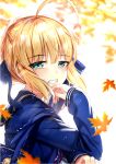  1girl ahoge aqua_eyes artoria_pendragon_(all) autumn_leaves backlighting bag bangs blonde_hair blue_ribbon blue_sailor_collar blue_shirt blurry blurry_background blush braid commentary_request depth_of_field eyebrows_visible_through_hair fate/stay_night fate_(series) grin hair_between_eyes hair_ribbon highres leaf long_sleeves looking_at_viewer looking_to_the_side maple_leaf ribbon saber sailor_collar school_bag school_uniform serafuku shirt sidelocks sleeves_past_wrists smile solo upper_body yan_(nicknikg) 