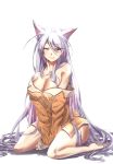  1girl :3 animal_ears bakemonogatari bare_shoulders barefoot black_hanekawa breasts cat_ears cat_girl closed_mouth commentary_request dorashieru hair_between_eyes hanekawa_tsubasa highres large_breasts long_hair looking_at_viewer monogatari_(series) no_pants off_shoulder pajamas sitting smile solo very_long_hair yellow_eyes 