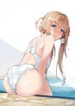  1girl 3: ass back_cutout bare_shoulders blonde_hair blue_eyes blush breasts bunny_hair_ornament closed_mouth commentary_request competition_swimsuit from_behind girls_frontline hair_ornament highres leaning_forward long_hair looking_at_viewer looking_back low_twintails medium_breasts one-piece_swimsuit pool poolside shirosaba signature solo suomi_kp31_(girls_frontline) swimsuit tile_floor tiles twintails water white_swimsuit 