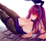  1girl animal_ears bangs blush bow bowtie breasts brown_legwear bunny_ears bunnysuit detached_collar fate/grand_order fate_(series) hair_between_eyes hair_intakes large_breasts leg_garter leotard long_hair looking_at_viewer obiwan pantyhose purple_hair purple_neckwear red_eyes scathach_(fate)_(all) scathach_(fate/grand_order) simple_background smile solo thighs white_background wrist_cuffs 