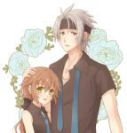  1boy 1girl aono_(aonocrotowa) black_bow black_headband black_shirt blue_flower blue_neckwear blue_rose bow brown_hair collarbone collared_shirt couple earrings eiyuu_densetsu flower green_eyes hair_bow hand_on_another&#039;s_head headband jewelry long_hair necklace necktie open_mouth rean_schwartzer red_eyes rose sen_no_kiseki shiny shiny_hair shirt silver_hair sleeveless sleeveless_shirt towa_herschel upper_body white_background wing_collar 