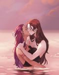  2girls arm_tattoo braid breasts brown_hair cleavage closed_eyes dorothea_arnault earrings facial_tattoo fire_emblem fire_emblem:_three_houses guri_gom hand_on_another&#039;s_head jewelry kiss multiple_girls ocean partially_submerged petra_macneary purple_hair sunset tattoo upper_body yuri 