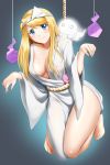  1girl absurdres alfred_cullado bangs banned_artist barefoot blonde_hair blue_eyes blush breasts cleavage closed_mouth earrings eyebrows_visible_through_hair full_body fullmetal_alchemist grey_background highres huge_filesize japanese_clothes jewelry kimono kneeling large_breasts long_hair looking_at_viewer open_clothes open_kimono shiny shiny_hair side_slit smile solo swept_bangs white_kimono winry_rockbell 