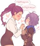  2girls bernadetta_von_varley blush english_text facial_mark fire_emblem fire_emblem:_three_houses from_side garreg_mach_monastery_uniform heart holding_hands hood hood_down kvlen long_hair long_sleeves multiple_girls open_mouth petra_macneary ponytail purple_hair short_hair simple_background uniform white_background yuri 